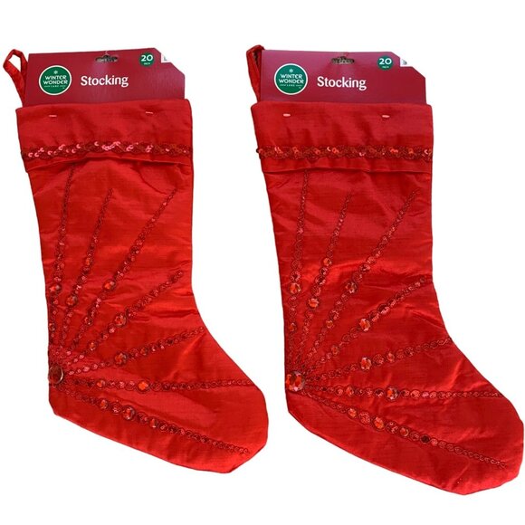 Winter Wonder Red Christmas Stockings Set 2 Satin Love Couple Sequin Starburst - Picture 2 of 11